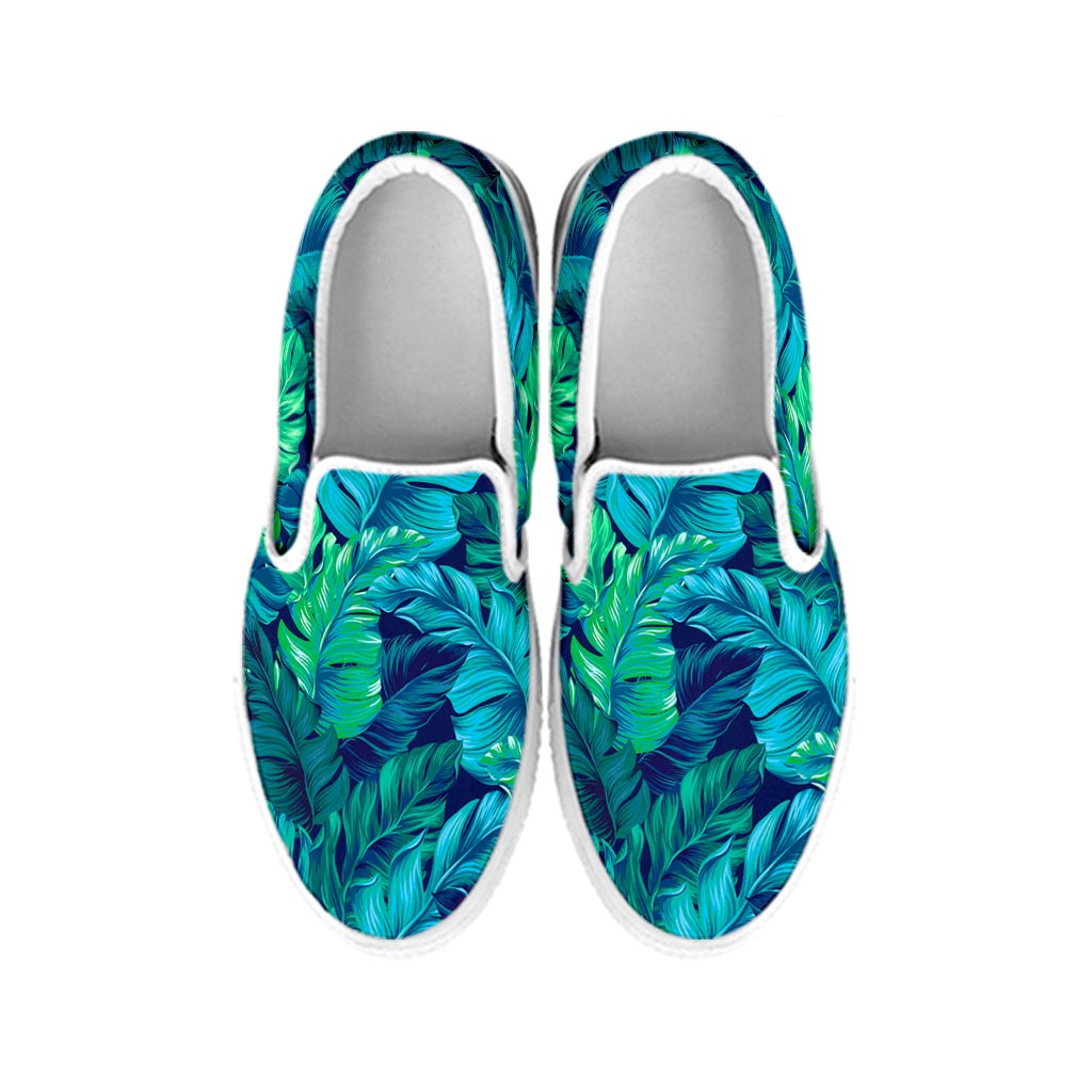 Turquoise Tropical Leaf Pattern Print White Slip On Sneakers