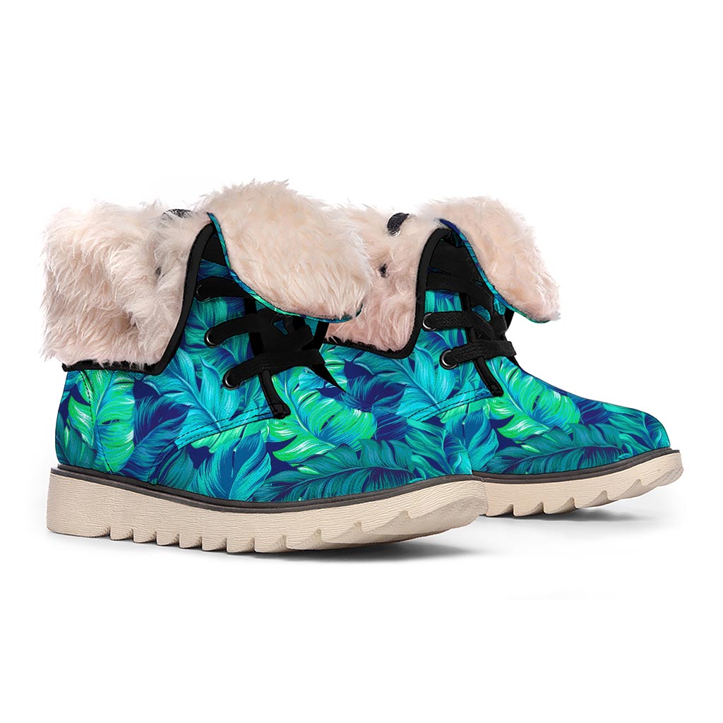 Turquoise Tropical Leaf Pattern Print Winter Boots