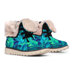 Turquoise Tropical Leaf Pattern Print Winter Boots