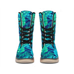 Turquoise Tropical Leaf Pattern Print Winter Boots