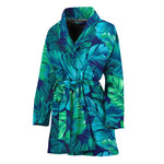 Turquoise Tropical Leaf Pattern Print Women's Bathrobe