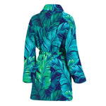 Turquoise Tropical Leaf Pattern Print Women's Bathrobe