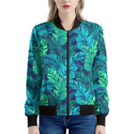 Turquoise Tropical Leaf Pattern Print Women's Bomber Jacket