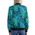 Turquoise Tropical Leaf Pattern Print Women's Bomber Jacket