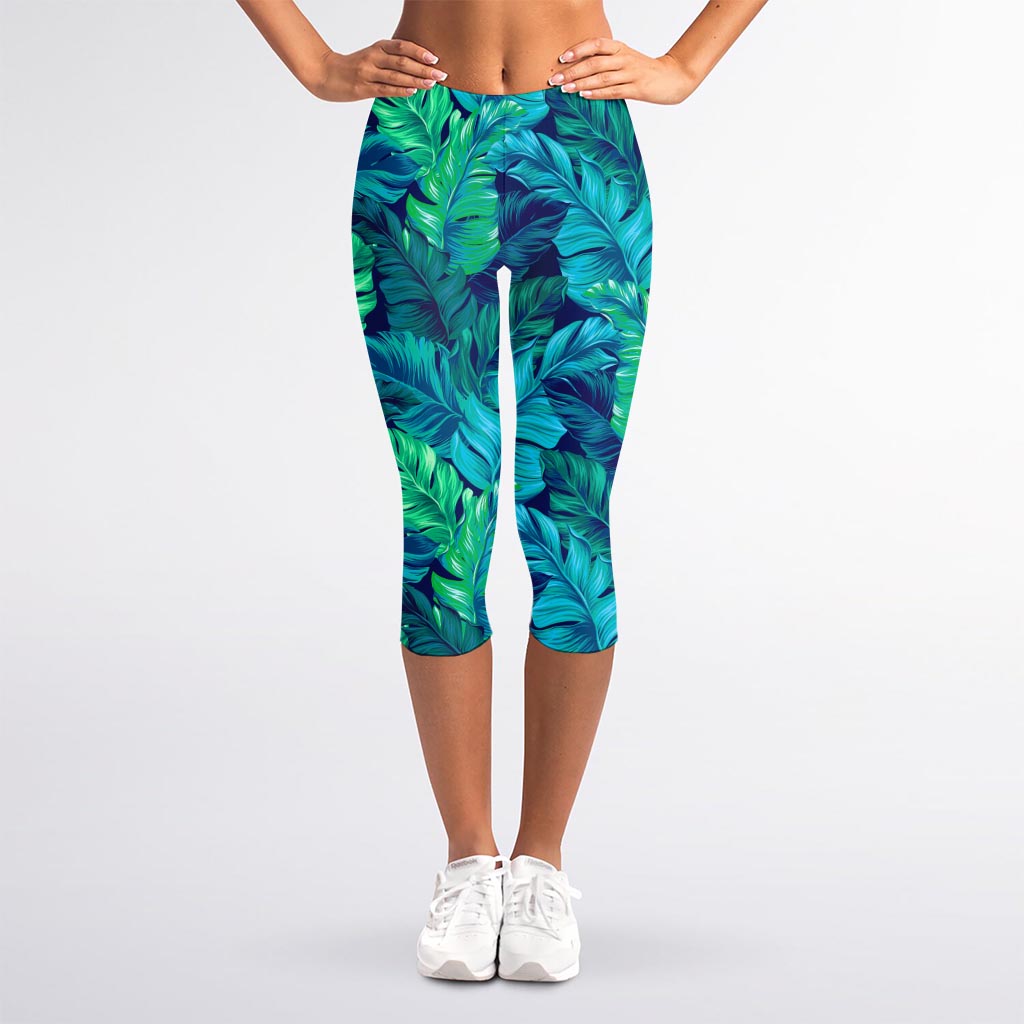 Turquoise Tropical Leaf Pattern Print Women's Capri Leggings