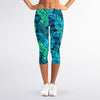 Turquoise Tropical Leaf Pattern Print Women's Capri Leggings