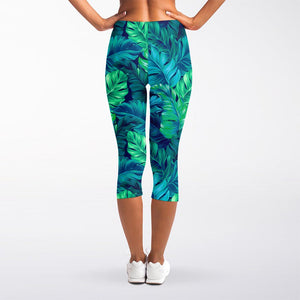 Turquoise Tropical Leaf Pattern Print Women's Capri Leggings