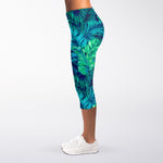 Turquoise Tropical Leaf Pattern Print Women's Capri Leggings