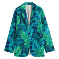 Turquoise Tropical Leaf Pattern Print Women's Cotton Blazer
