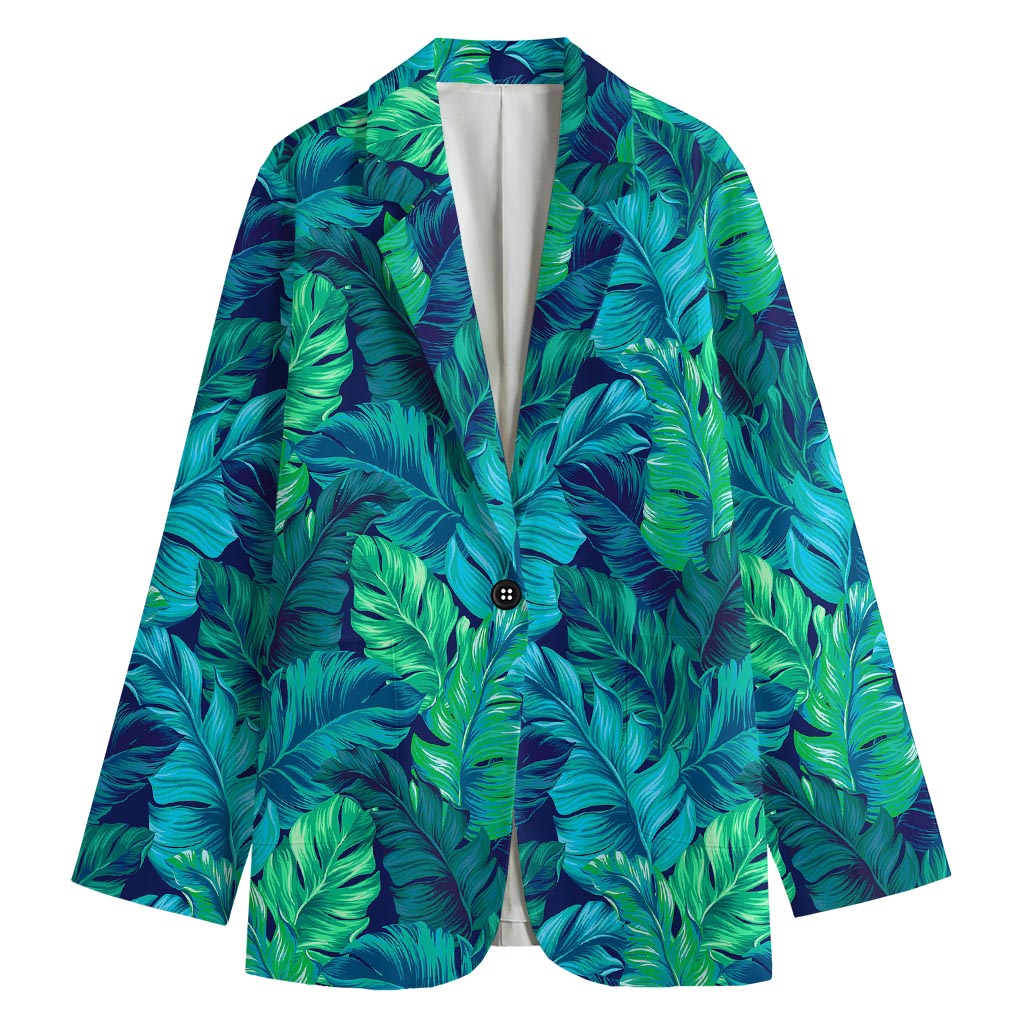 Turquoise Tropical Leaf Pattern Print Women's Cotton Blazer
