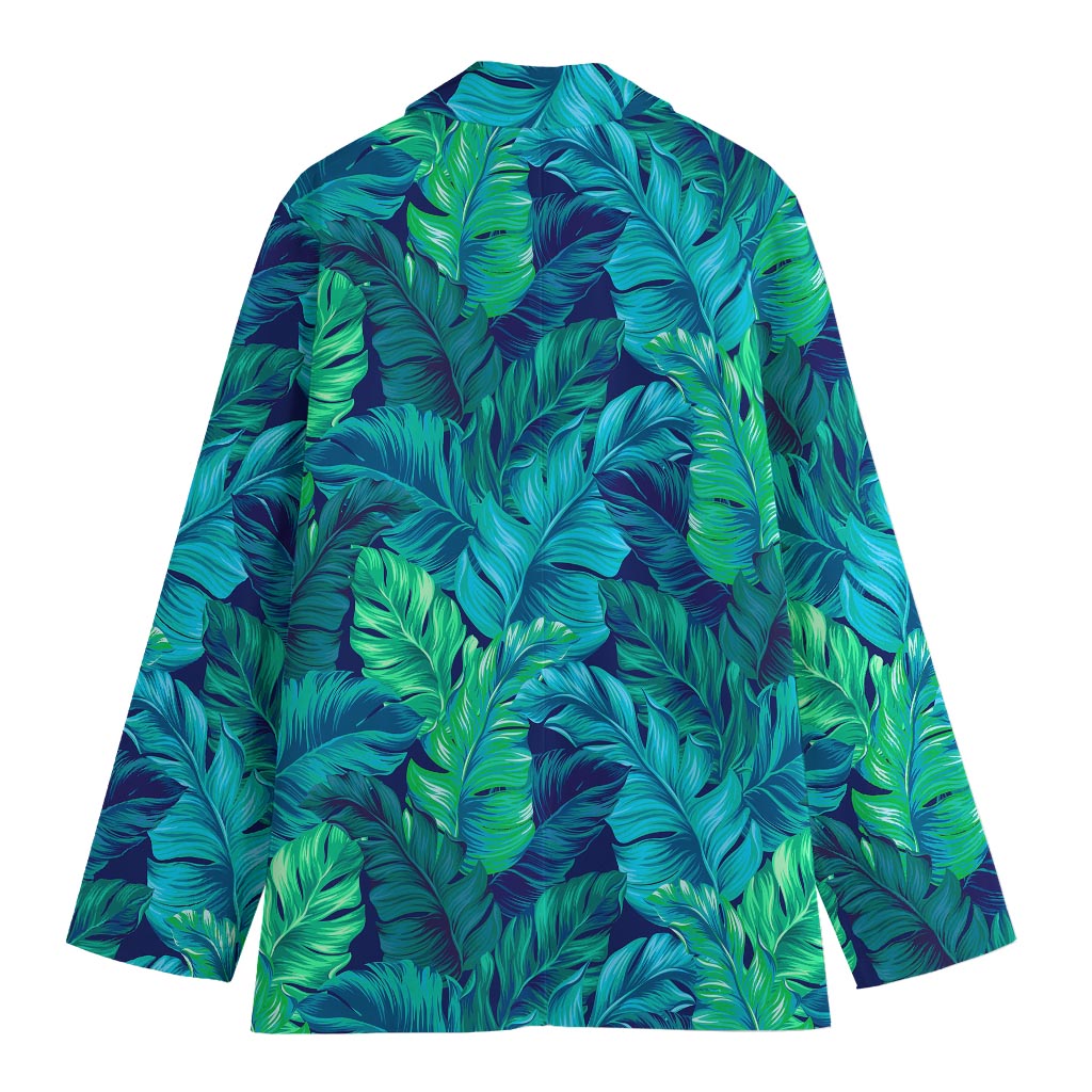 Turquoise Tropical Leaf Pattern Print Women's Cotton Blazer