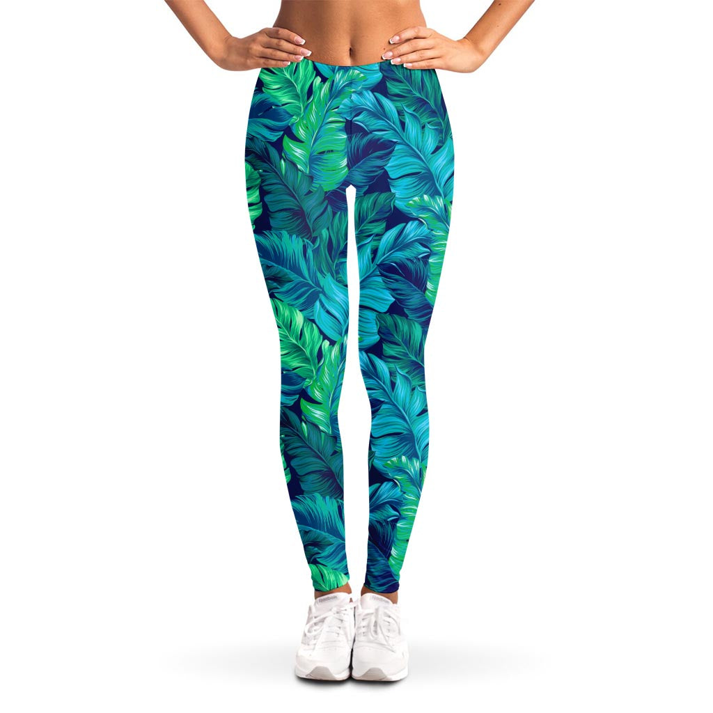 Turquoise Tropical Leaf Pattern Print Women's Leggings