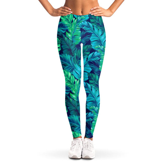 Turquoise Tropical Leaf Pattern Print Women's Leggings
