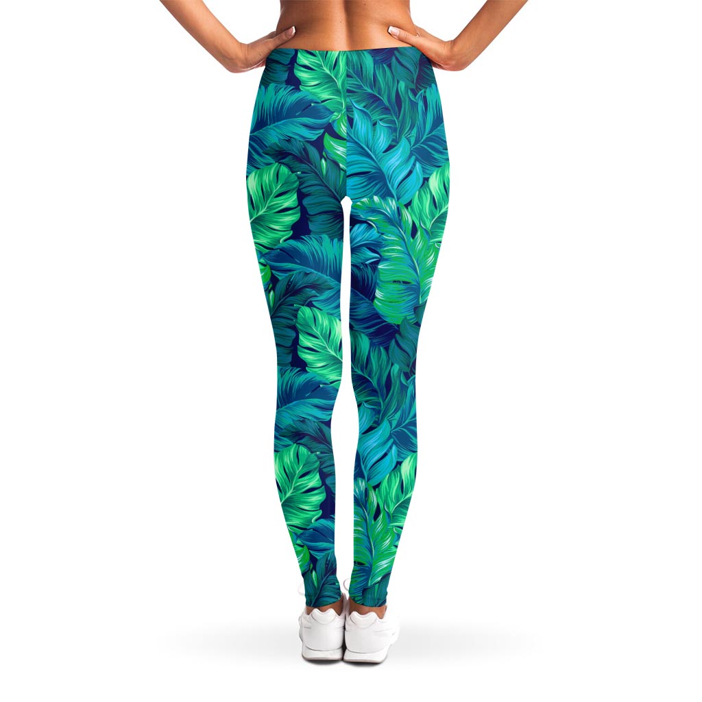 Turquoise Tropical Leaf Pattern Print Women's Leggings