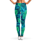 Turquoise Tropical Leaf Pattern Print Women's Leggings