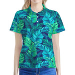 Turquoise Tropical Leaf Pattern Print Women's Polo Shirt