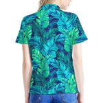 Turquoise Tropical Leaf Pattern Print Women's Polo Shirt