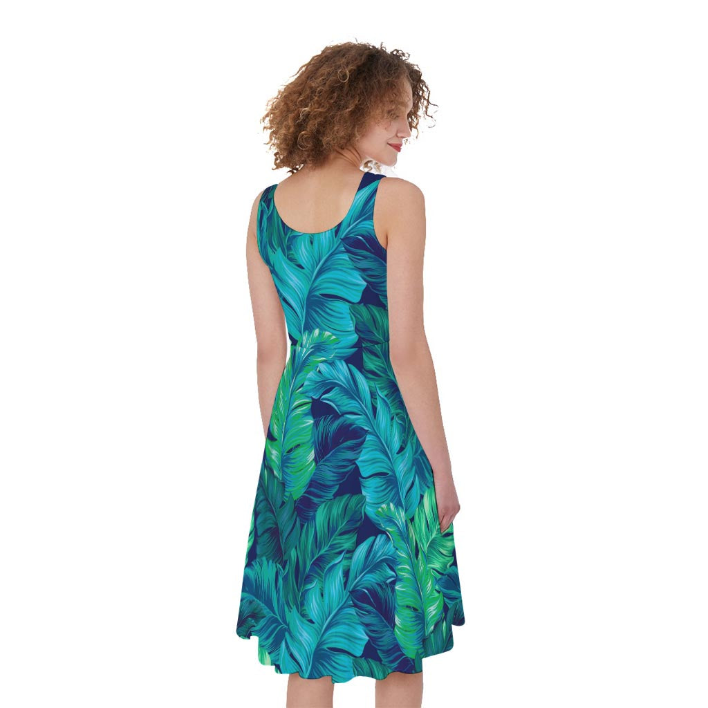 Turquoise Tropical Leaf Pattern Print Women's Sleeveless Dress
