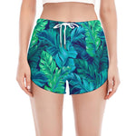Turquoise Tropical Leaf Pattern Print Women's Split Running Shorts