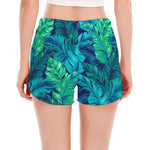 Turquoise Tropical Leaf Pattern Print Women's Split Running Shorts