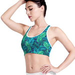 Turquoise Tropical Leaf Pattern Print Women's Sports Bra