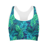 Turquoise Tropical Leaf Pattern Print Women's Sports Bra