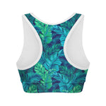 Turquoise Tropical Leaf Pattern Print Women's Sports Bra