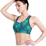 Turquoise Tropical Leaf Pattern Print Women's Sports Bra