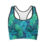 Turquoise Tropical Leaf Pattern Print Women's Sports Bra