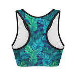 Turquoise Tropical Leaf Pattern Print Women's Sports Bra