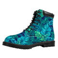 Turquoise Tropical Leaf Pattern Print Padded Collar Lace Up Boots