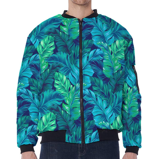 Turquoise Tropical Leaf Pattern Print Zip Sleeve Bomber Jacket