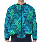Turquoise Tropical Leaf Pattern Print Zip Sleeve Bomber Jacket