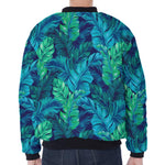 Turquoise Tropical Leaf Pattern Print Zip Sleeve Bomber Jacket