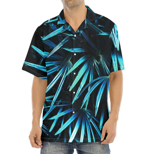 Turquoise Tropical Leaves Print Aloha Shirt