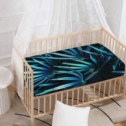 Turquoise Tropical Leaves Print Baby Crib Sheet