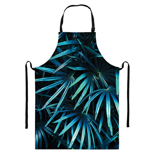 Turquoise Tropical Leaves Print Bib Apron With Pocket