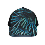 Turquoise Tropical Leaves Print Black Mesh Trucker Cap