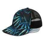 Turquoise Tropical Leaves Print Black Mesh Trucker Cap