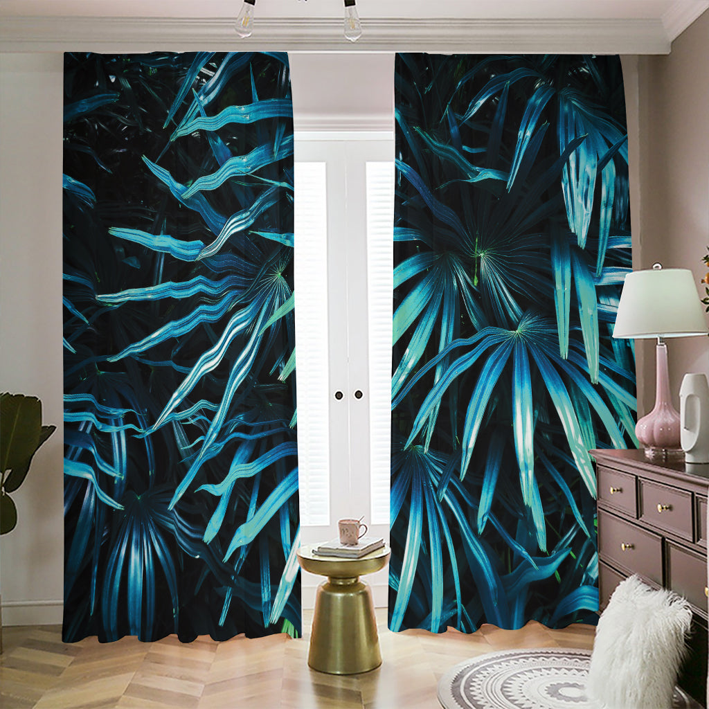 Turquoise Tropical Leaves Print Blackout Pencil Pleat Curtains