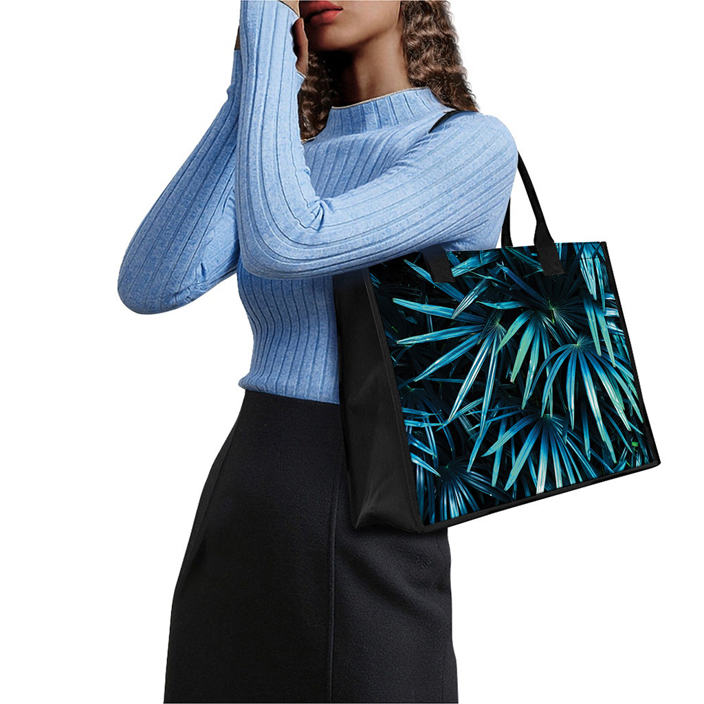 Turquoise Tropical Leaves Print Canvas Tote Bag