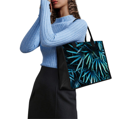 Turquoise Tropical Leaves Print Canvas Tote Bag