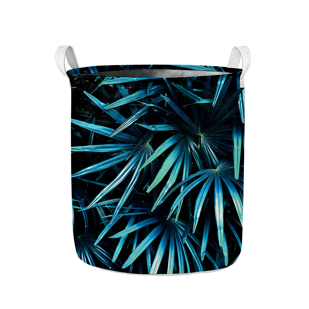 Turquoise Tropical Leaves Print Collapsible Laundry Basket
