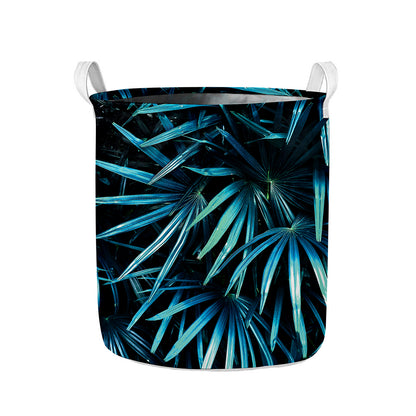 Turquoise Tropical Leaves Print Collapsible Laundry Basket