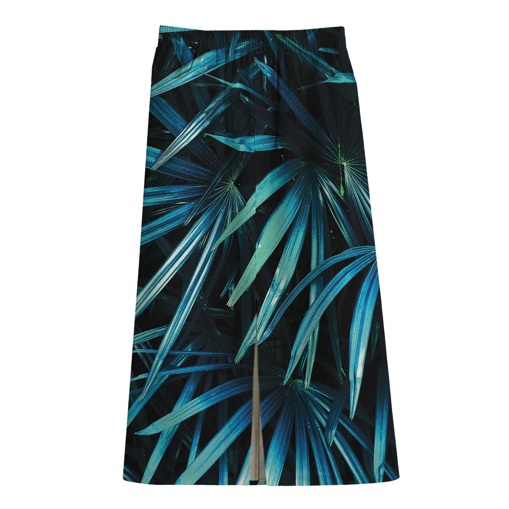 Turquoise Tropical Leaves Print Cotton Front Slit Maxi Skirt