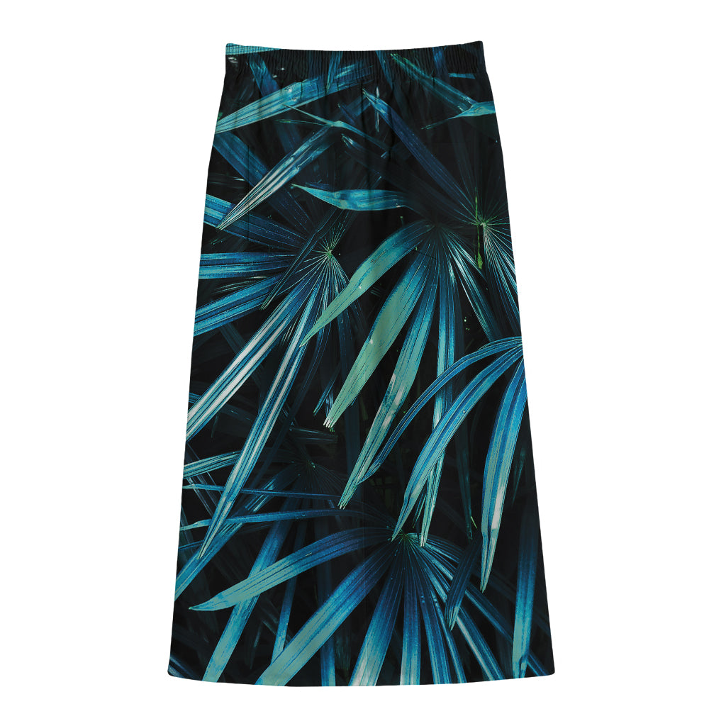 Turquoise Tropical Leaves Print Cotton Front Slit Maxi Skirt