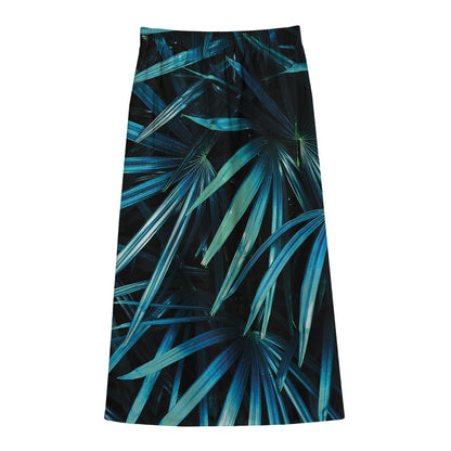 Turquoise Tropical Leaves Print Cotton Front Slit Maxi Skirt