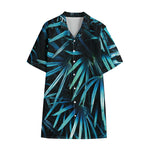 Turquoise Tropical Leaves Print Cotton Hawaiian Shirt