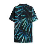 Turquoise Tropical Leaves Print Cotton Hawaiian Shirt
