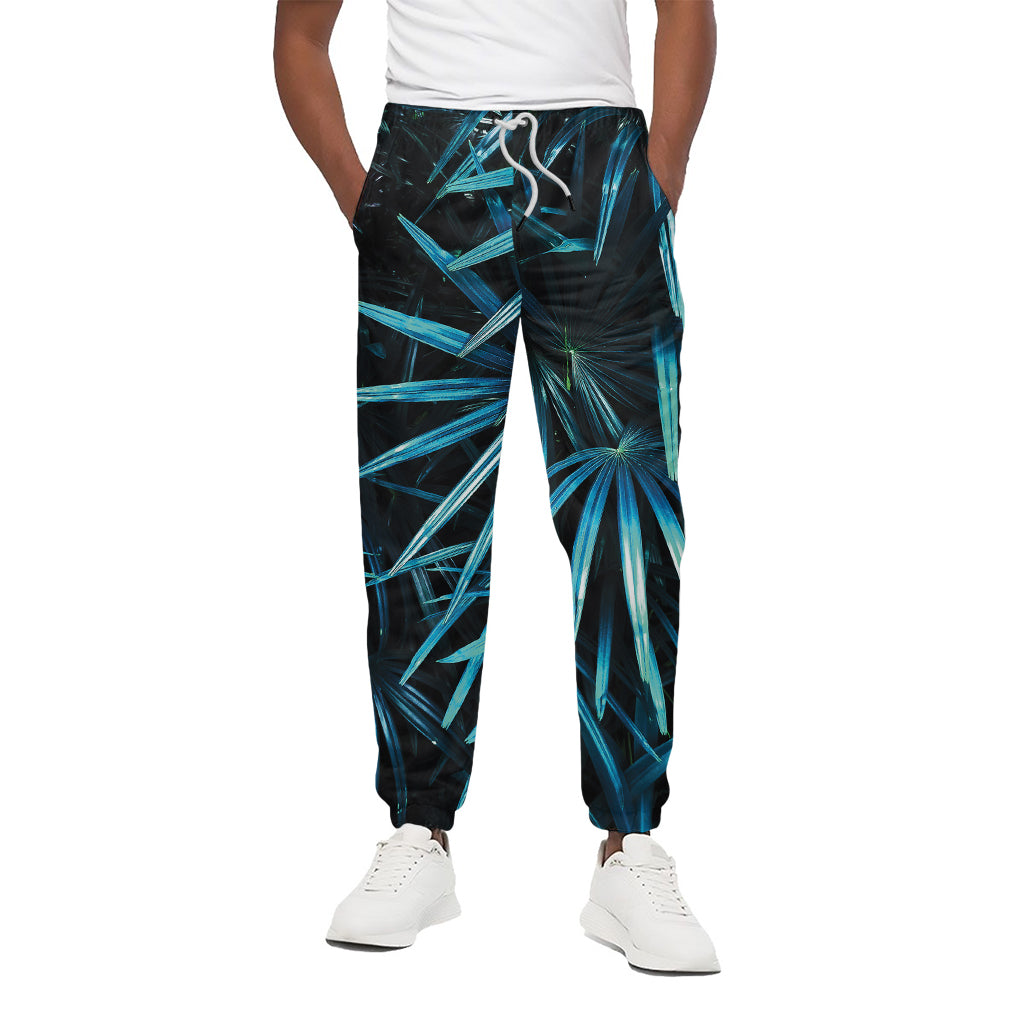 Turquoise Tropical Leaves Print Cotton Pants